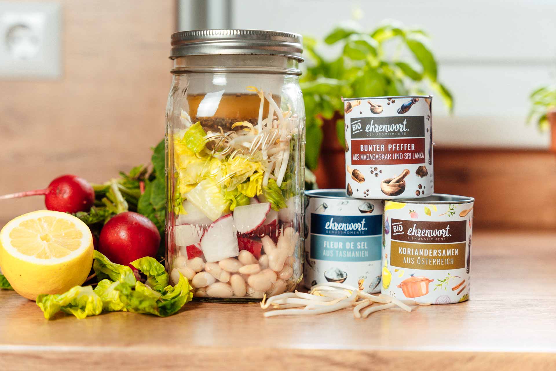 Salat To Go: Bohnen, Radieschen, Grüner Salat, Sprossen, Gewürze, Dressing|4 Sommerliche Salate|