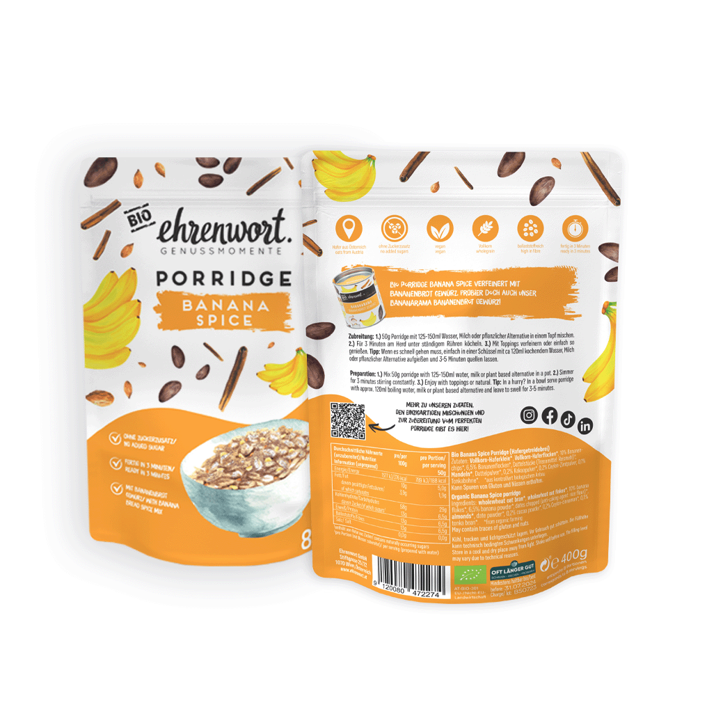 ehrenwort Banana Spice Porridge Produktabbildung Vorder-/ und Rückseite