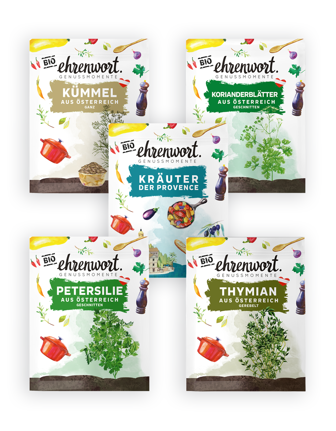 ehrenwort Briefchen 10er Set Produktabbildung Kümmel, Korianderblätter, Kräuter der Provence, Thymian, Petersilie