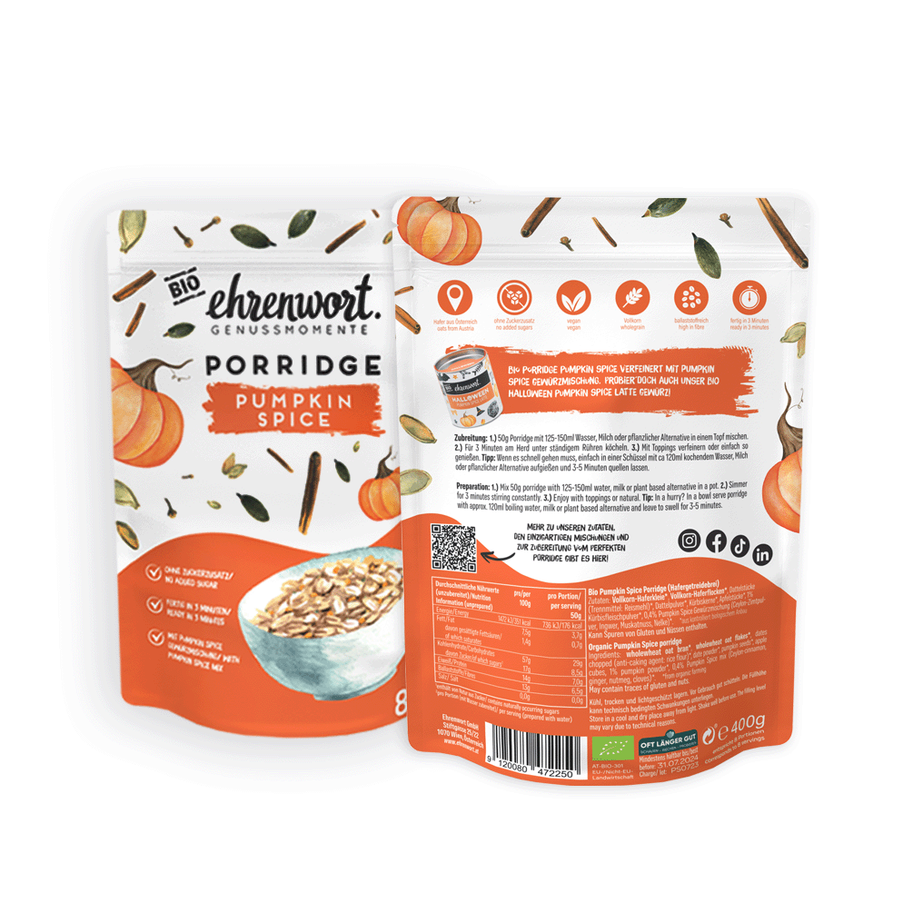 ehrenwort Pumpkin Spice Porridge Produktabbildung Vorder-/ und Rückseite