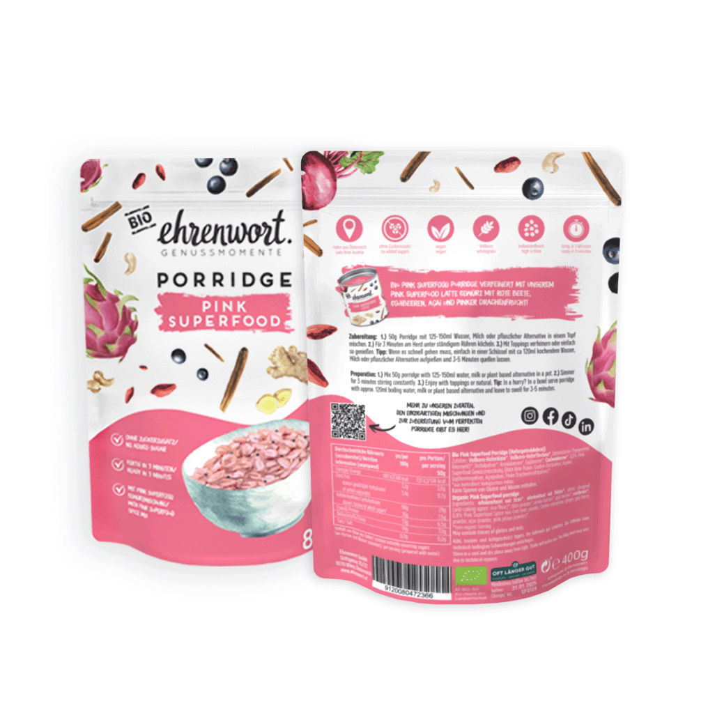 ehrenwort Pink Superfood Porridge Produktabbildung Vorder-/ und Rückseite