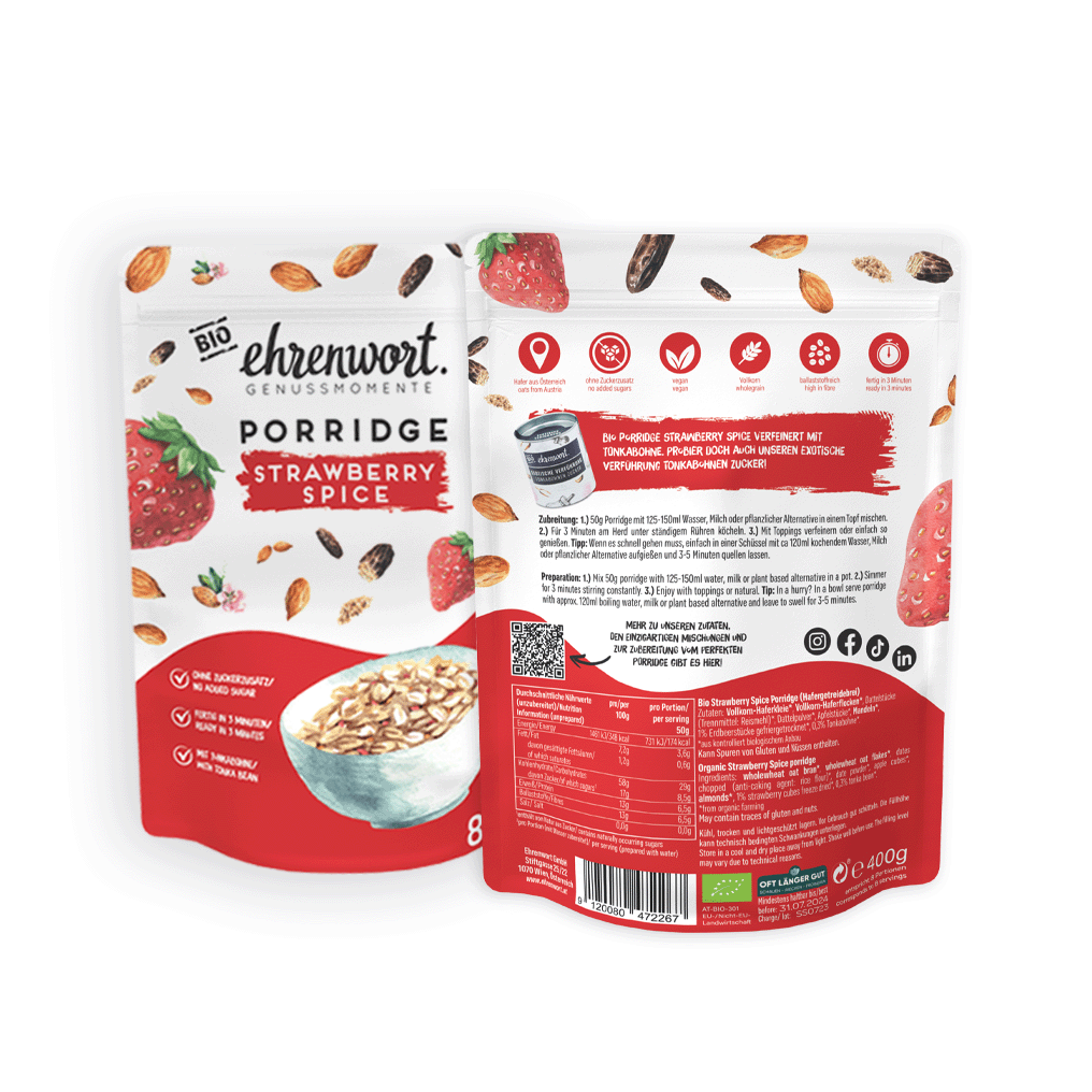 ehrenwort Strawberry Spice Porridge Produktabbildung Vorder-/ und Rückseite
