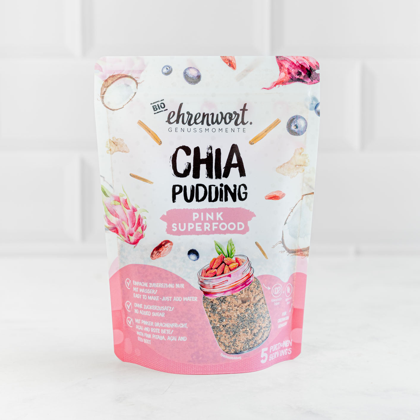 ehrenwort BIO Pink Superfood Chia Pudding Produktabbildung in weißem Raum